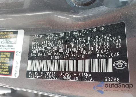 2015 Toyota Camry Se z USA, uszkodzony, nr VIN 4T1BF1FK1FU891516